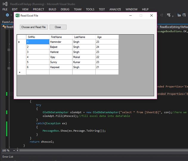 Read Excel File In Windows Application Using C